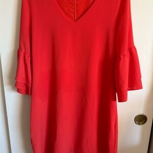Vibrant orange V-Neck Dress with Ruffle Sleeves